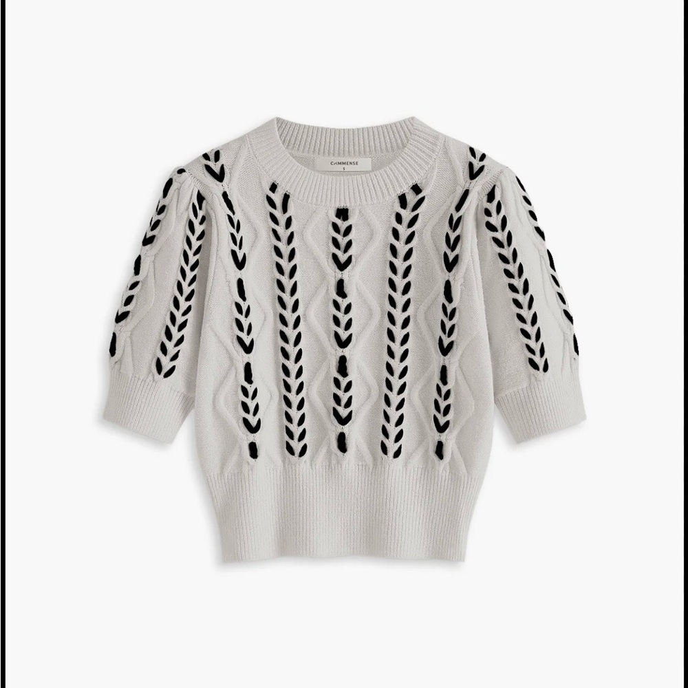 Commense White Sweater with Black Leaf Pattern